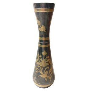 Vintage Brass Floral Vase Gold Black Etched India Mid Century Decor Boho Global